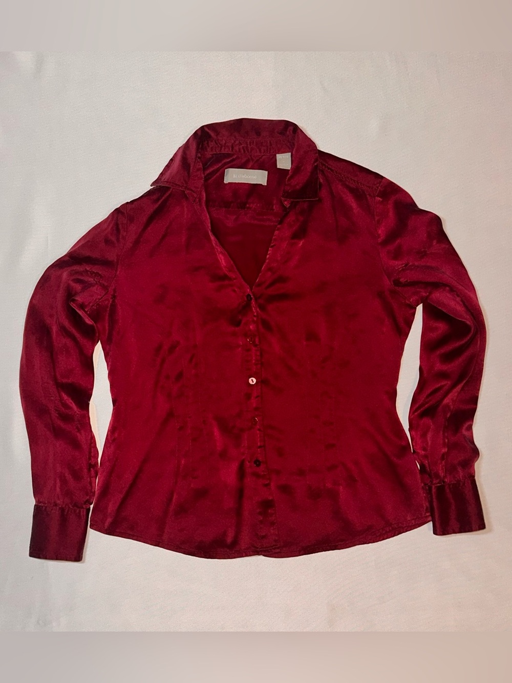 Liz Claiborne Deep Burgundy 100% Silk Long-Sleeve Button-Down Blouse
